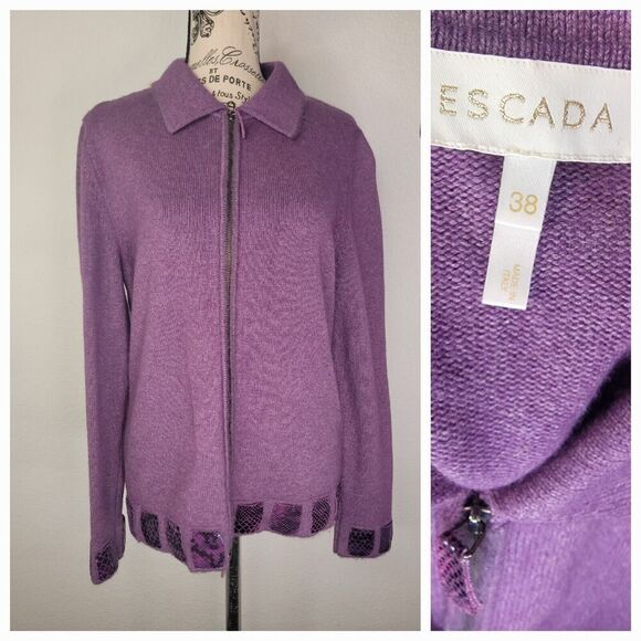ESCADA Full-Zip Collar Cardigan Womens SZ 38 Plum Knit Wool Cashmere Italy Made - Picture 1 of 10